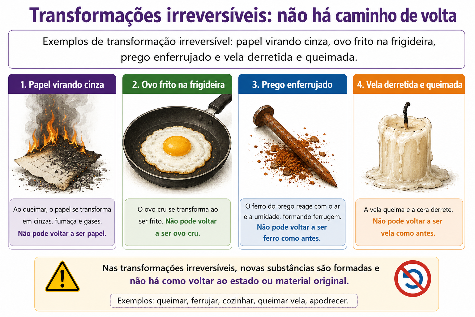 Exemplos de transformação irreversível: papel virando cinza, ovo frito na frigideira, prego enferrujado e vela derretida e queimada.