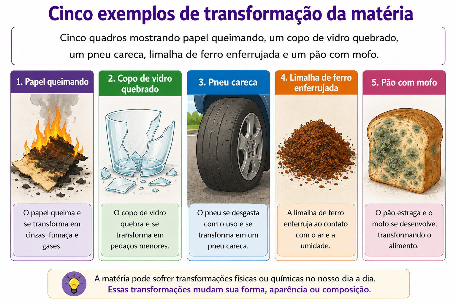 Cinco quadros mostrando papel queimando, um copo de vidro quebrado, um pneu careca, limalha de ferro enferrujada e um pão com mofo.