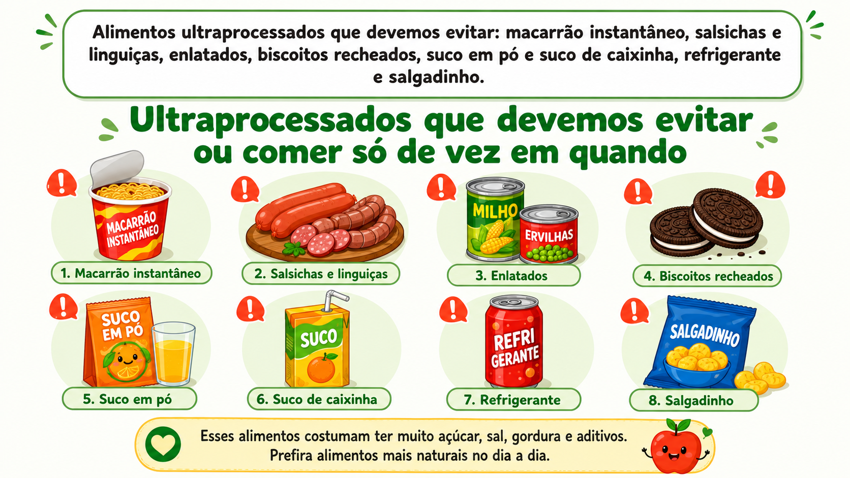 Alimentos ultraprocessados que devemos evitar: macarrão instantâneo, salsichas e linguiças, enlatados, biscoitos recheados, suco em pó e suco de caixinha, refrigerante e salgadinho.