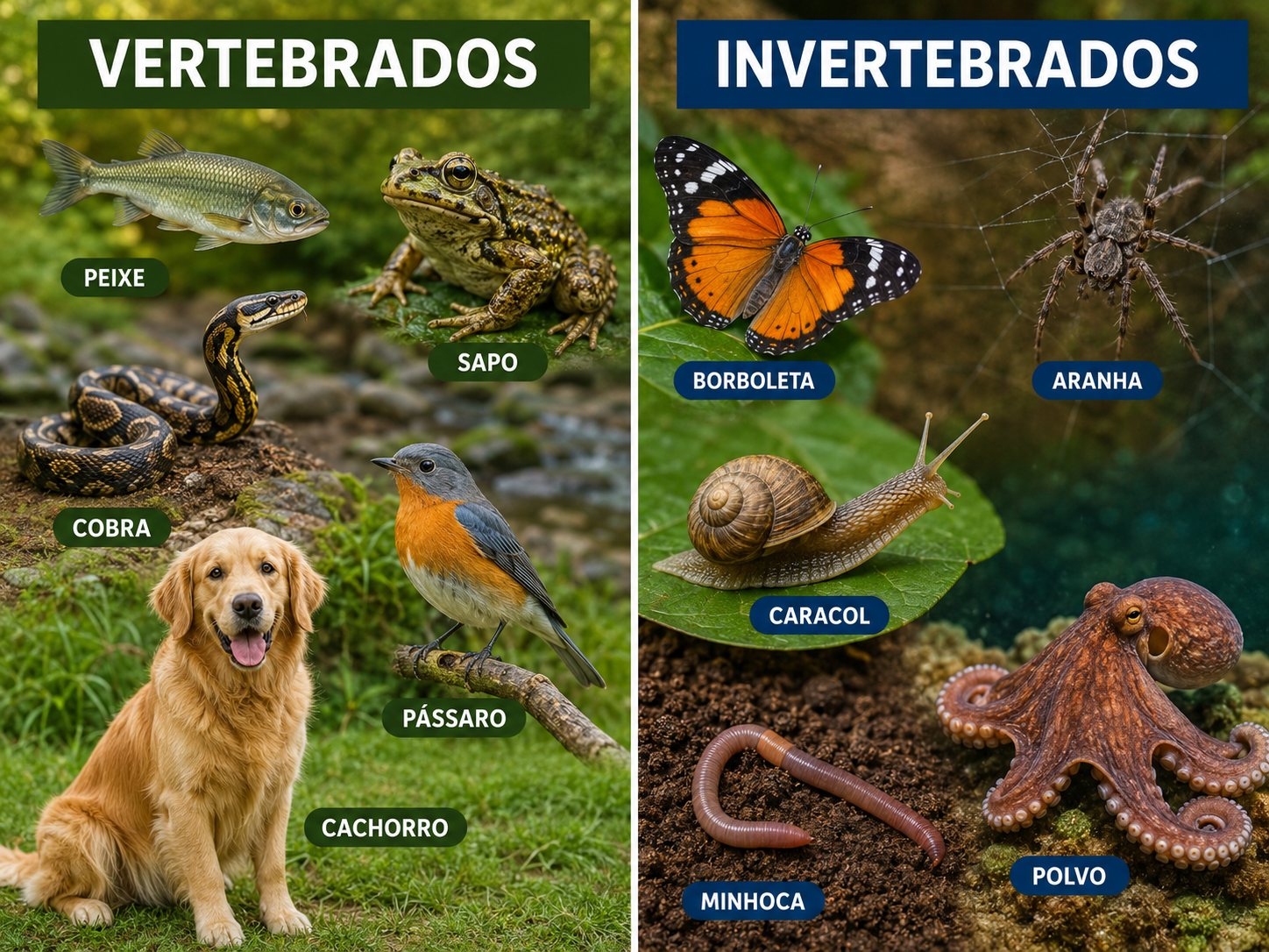 Comparação entre animais vertebrados (com esqueleto e ossos) e invertebrados (sem ossos).