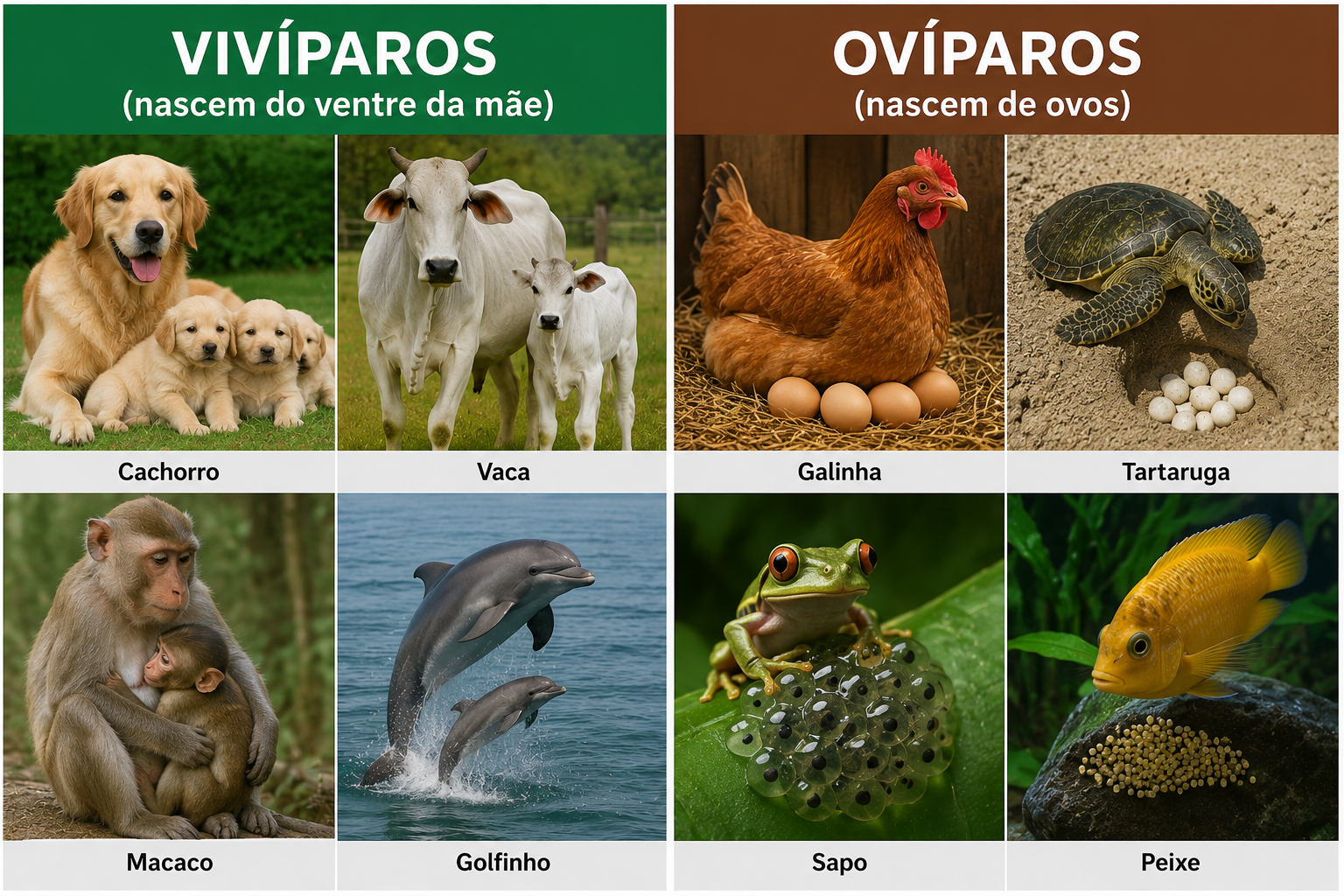 Animais vivíparos, que se desenvolvem dentro da mãe, e animais ovíparos, que se desenvolvem dentro do ovo.